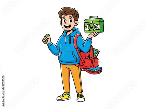 Happy Boy with Lunchbox: A cheerful boy, ready for school, smiles brightly while holding a lunchbox and snack, symbolizing childhood anticipation. 