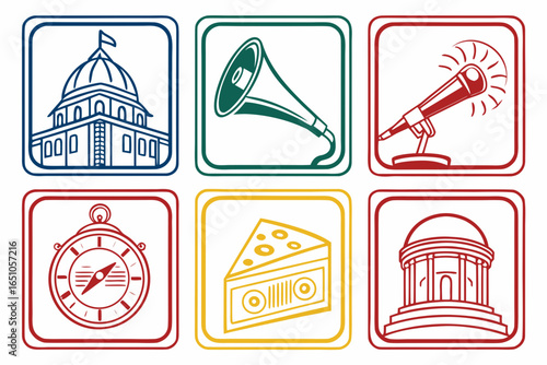 Set of six icons representing government, music, speech, navigation, and food