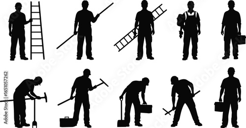 Silhouette of construction workers with tools, ladders, and equipment at work site, industrial labor scene, repair, maintenance, builder tradesman