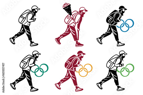 Athletes running with olympic rings isolated on white background