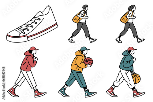 Set of stylized people walking and holding a basketball, isolated on white background