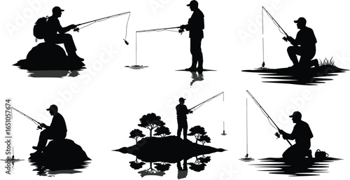 Six fishing silhouette illustrations, anglers in various poses with fishing rods, standing, sitting, kneeling, vector art for sport and recreation themes