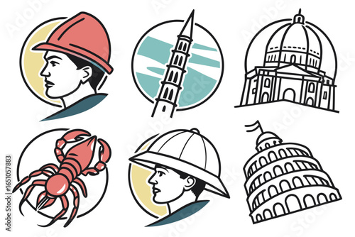 Set of icons with famous landmarks, worker, and scorpion isolated on white background