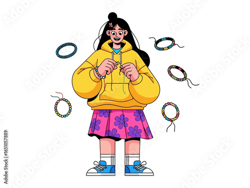 Girl crafting friendship bracelets: A young girl beams with creativity as she meticulously crafts colorful friendship bracelets, surrounded by her handmade creations.