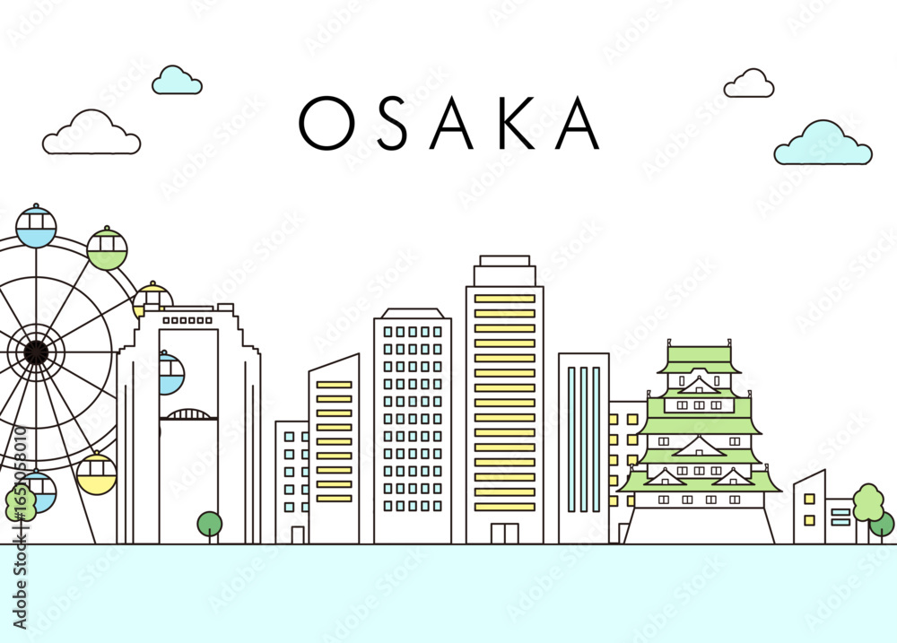 Obraz premium 大阪城と観覧車が並ぶ大阪の街並み線画イラスト