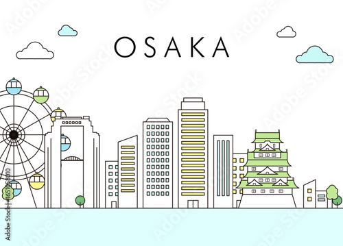 大阪城と観覧車が並ぶ大阪の街並み線画イラスト