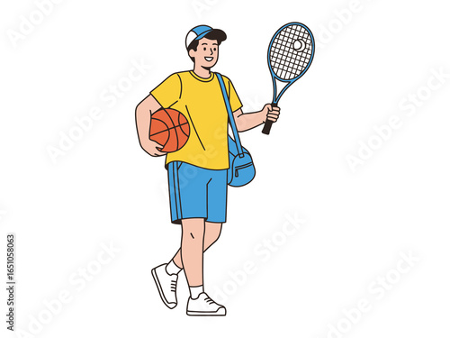 The Enthusiastic Athlete: A young person, brimming with vitality, carries both a basketball and tennis racket, epitomizing the energy of a versatile athlete ready to engage in active play.