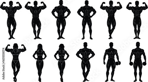 Twelve bodybuilding silhouette poses, male and female muscular figures flexing and lifting weights, vector illustration for fitness, gym, and strength training themes