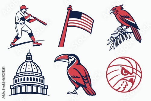 Collection of american symbols and sports icons isolated on white background