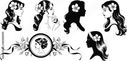 Women profile silhouettes, floral hair design, elegant female faces, long wavy hairstyle, vintage beauty, feminine portrait, decorative flowers, black, white illustration