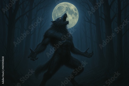A dark Halloween night illustration with a spooky warewolf howling at the moon 