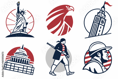 Collection of american patriotic symbols and landmarks isolated on white