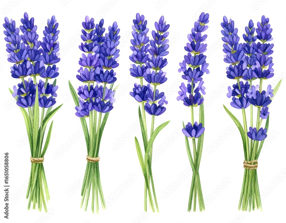 Fototapeta premium Fresh Lavender Bouquets Arranged in a Row on a White Background for Decorative Use