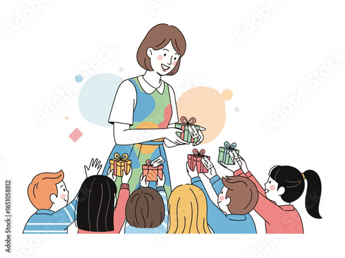Teacher and Students with Gifts: A heartwarming illustration captures a kind teacher exchanging gifts with students, highlighting generosity and appreciation within the classroom.