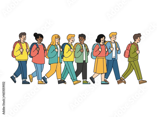 School Trip Promenade: A diverse group of schoolchildren march together, backpacks on their backs, full of expectation and animated for the school journey.