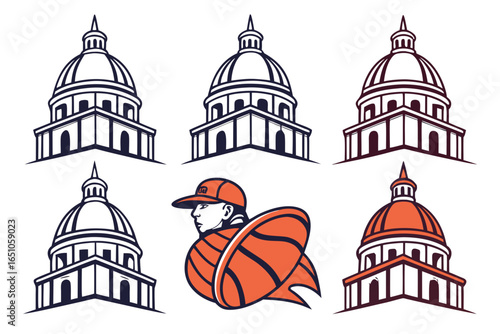 Collection of capitol buildings and a basketball player illustration
