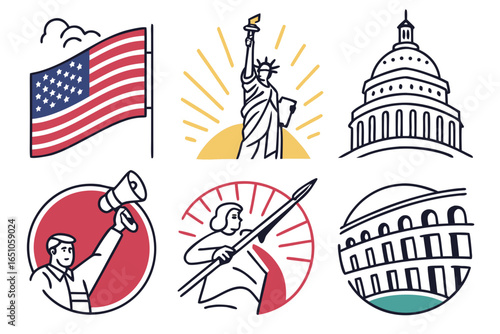 Collection of american symbols and political icons, isolated on white background