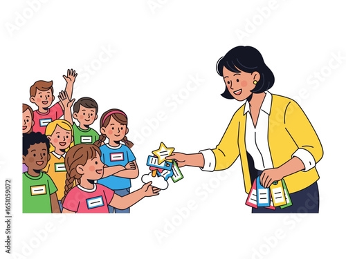Teacher Rewarding Student: An inspirational illustration of a teacher rewarding an excited student with a badge, in a classroom setting that shows encouragement and recognition