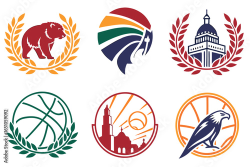 Collection of six diverse logos and symbols with a white background