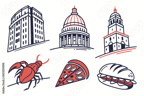 Collection of iconic buildings, pizza, crawfish, and sandwich isolated on white background