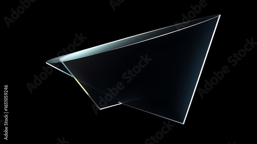 Illustration of a sharp, transparent glass shape resembling a paper airplane glides through darkness