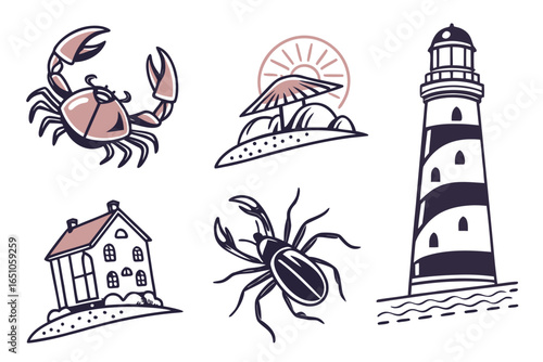 Set of marine and coastal icons including crab, lighthouse, house and beach