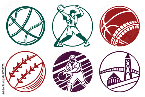 Collection of sports icons including basketball, baseball, cricket, and football