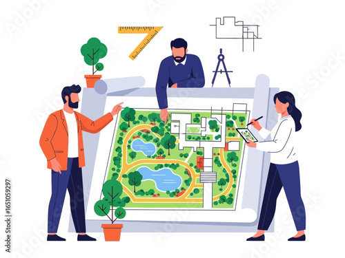 Designing the Dream: A dynamic group of architects and designers collaborates over a detailed blueprint of a prospective landscape. Their combined expertise results in innovation and artistry.