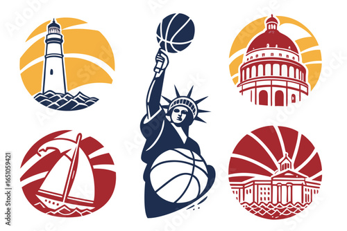 Statue of liberty playing basketball with american landmarks