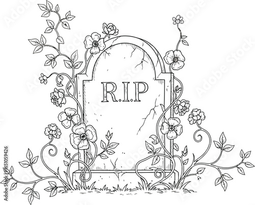 Tombstone with rip inscription and floral elements isolated on white background