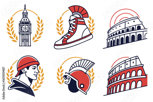 Collection of iconic landmarks and symbols including big ben, a sneaker, and the colosseum