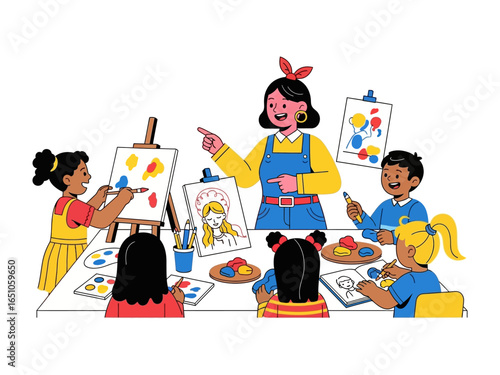 Creative Expression: A captivating scene of children's artistry, as a teacher guides the artistic explorations of eager young students, promoting the joy of creativity and the exploration of color.
