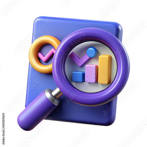 3d magnifying glass over data analysis chart isolated on transparent background
