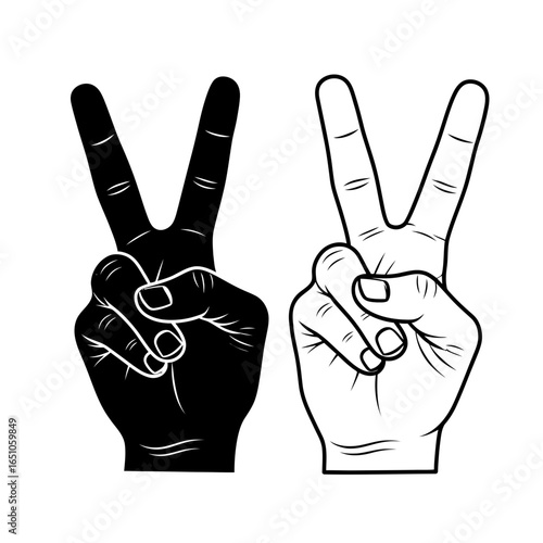 Contrasting Peace Signs Black Silhouette and White Outline Hand Gestures