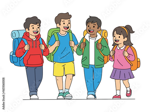 Adventure Awaits: Four smiling children, each shouldering a backpack, stride confidently toward a shared adventure, symbolizing friendship, exploration, and youthful exuberance. 