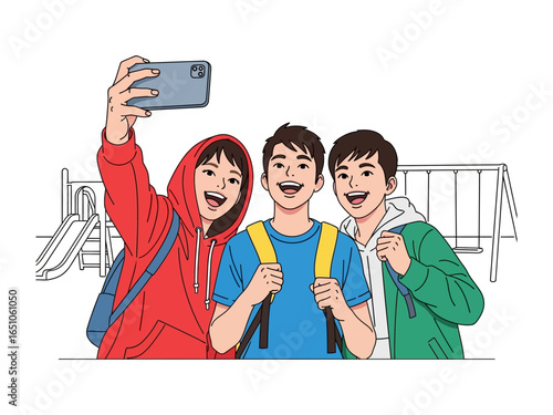 Friends Forever: A group of happy students, smiling and taking a selfie together, captures the essence of friendship and youthful bonding. 