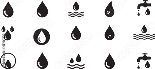 Fifteen black and white water drop and faucet icons with wavy lines drops droplet