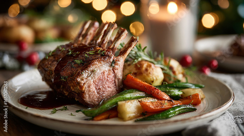 Gourmet rack of lamb dinner with roasted vegetables and festive lights