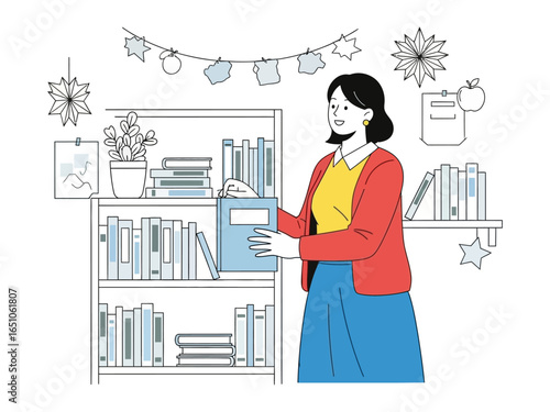 Book Selection: A librarian is arranging books on a bookshelf, surrounded by a calming environment