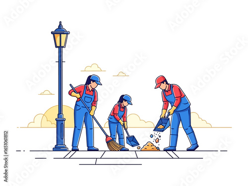 Street Cleaners in Harmony: A tidy street scene featuring dedicated workers tidying the surroundings, focusing on precision and neatness.