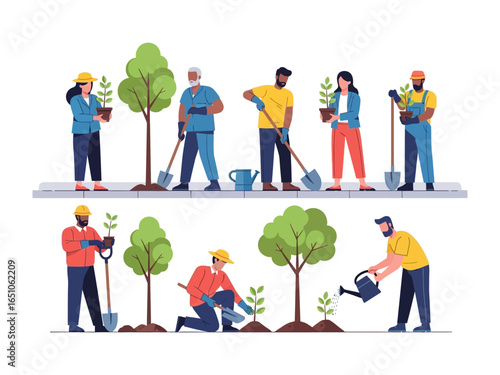 Eco-Conscious Planting: A collection of individuals diligently planting trees in a vibrant display of environmental responsibility, highlighting sustainable living and community engagement.