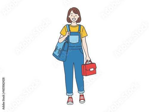 Cheerful student with books and case : A stylish student with books and a case radiates positivity, her radiant smile and charming style tell a tale of academic potential and individual expression.