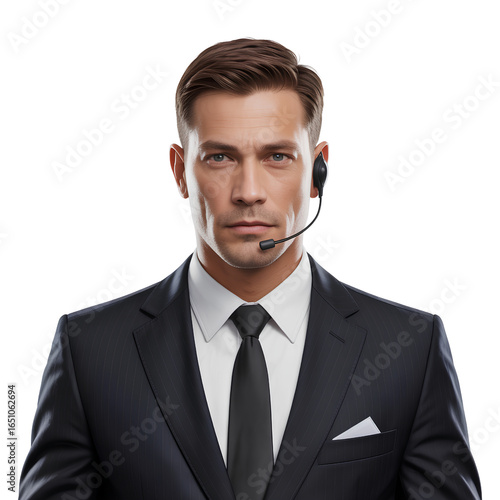 Confident Security Agent in Black Suit with Earpiece, Transparent Background