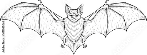 Detailed sketch of a bat with outstretched wings on white