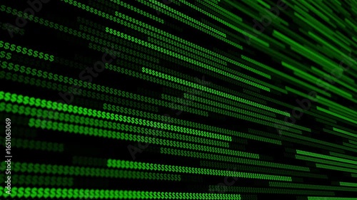 Digital display of green dollar signs flowing in a modern abstract design
