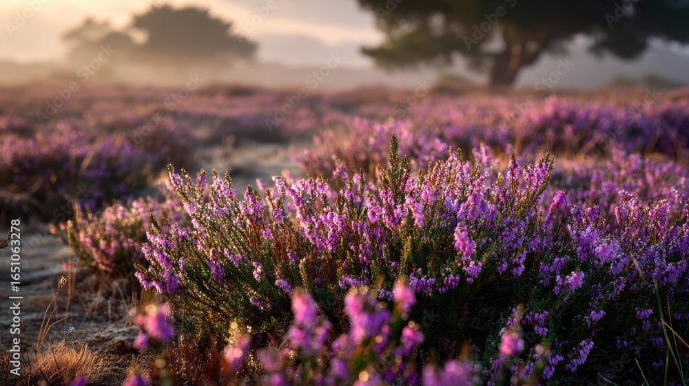 Obraz premium Misty Morning Heather Field. Nature's Gentle Beauty. Possible use Postcard