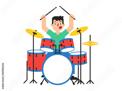 Rhythmic Beat: A captivating illustration of a young musician enthusiastically playing a drum set, immersed in the rhythm, creating an exciting and dynamic musical performance.