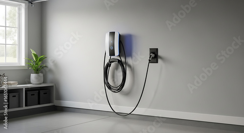 An electric vehicle charger is mounted on a gray wall in a garage, with a coiled charging cable hanging below.
