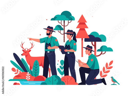 Wildlife Experts Observe Deer: A group of dedicated wildlife experts, equipped with binoculars and notepads, meticulously observes a graceful deer in its natural habitat.