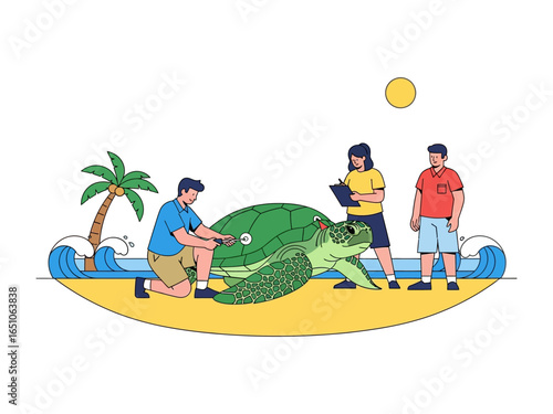 Marine Conservation: Illustration of researchers studying a sea turtle on a beach, emphasizing the importance of marine life protection and environmental preservation.